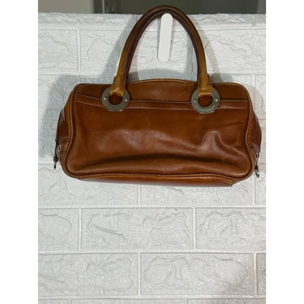 Antonio Melani Brown Satchel Handbag Double Handle Silver Tone Hardware